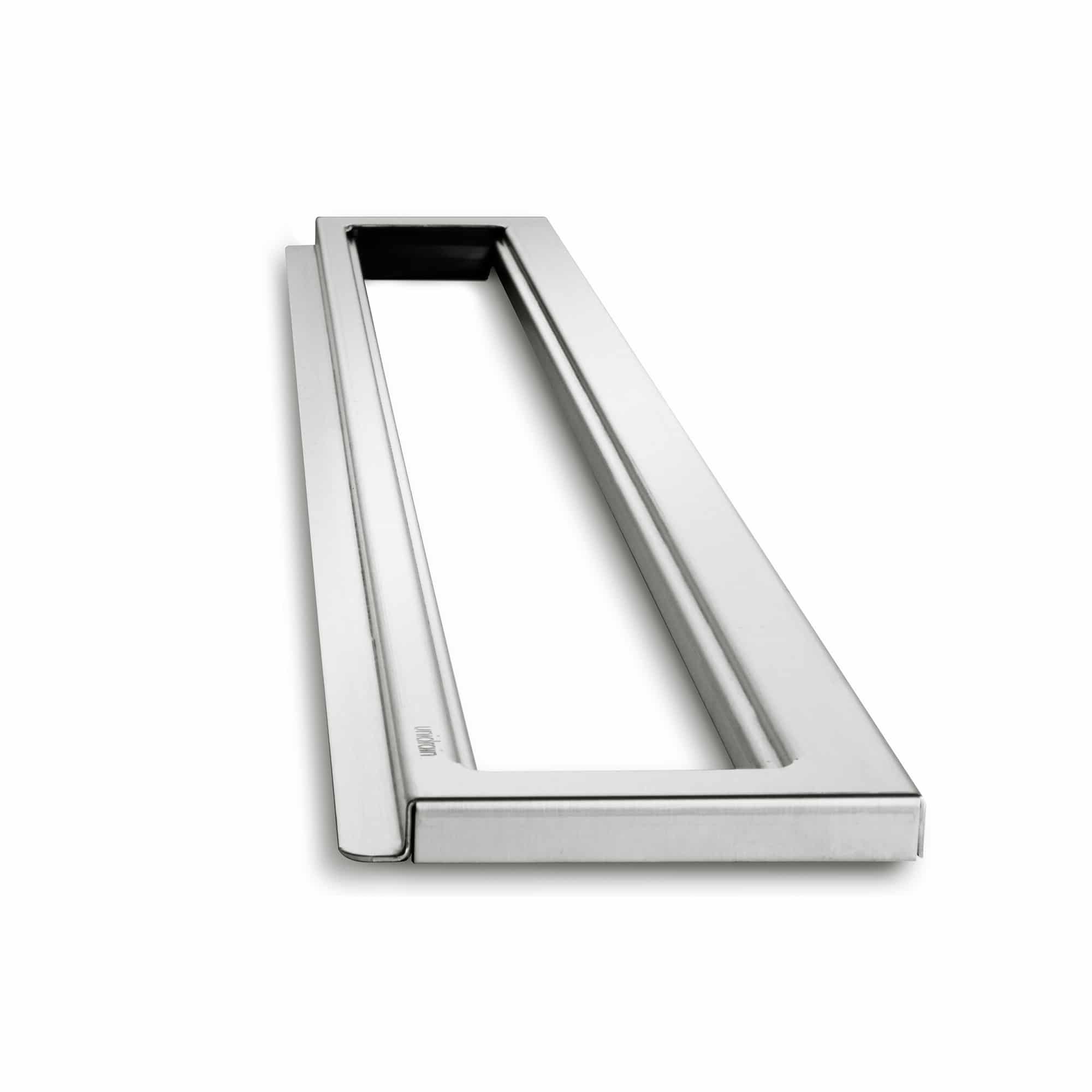 Close-up of the corner of a silver metal ladder against a white background, highlighting the frame joint.