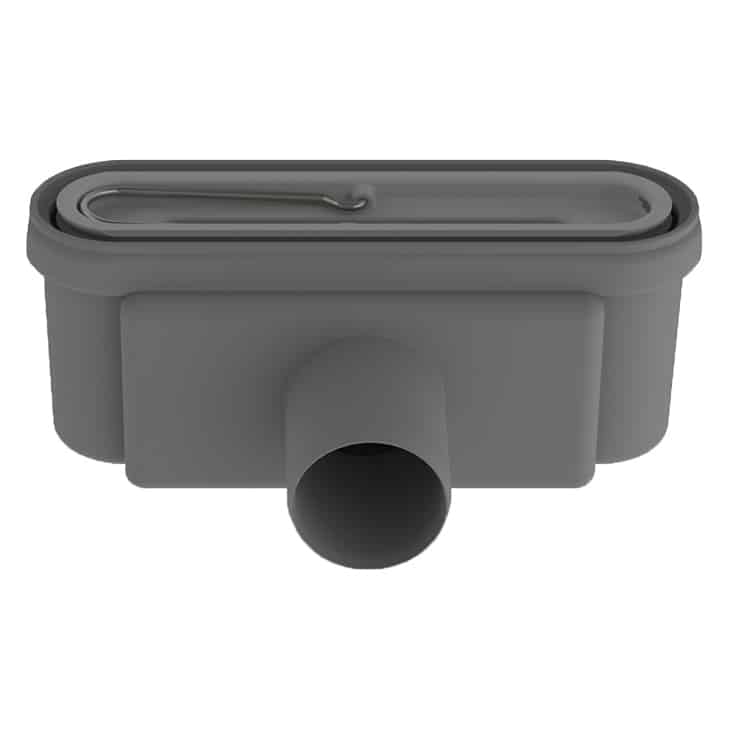 Gray rectangular plastic tank lid with an oval gasket and a protruding cylindrical outlet at the front, plus a small metal clip on the lid