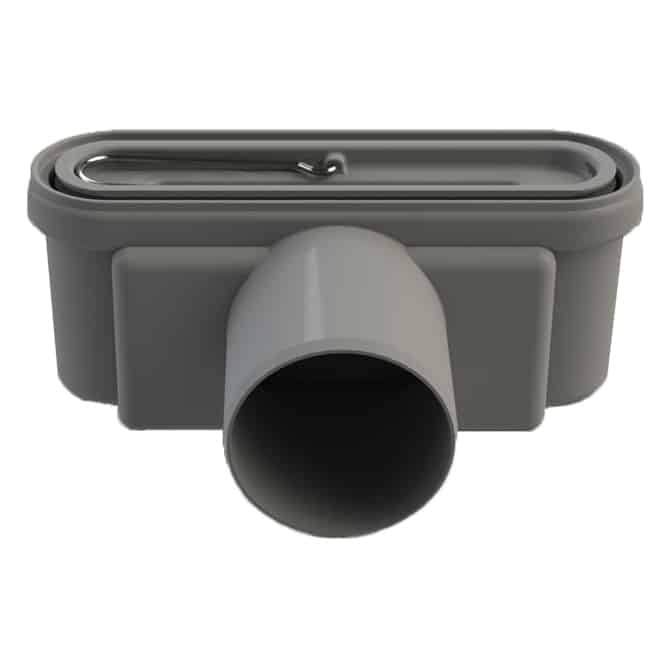 Grey rectangular plastic drainage trap with a circular forward-facing outlet pipe
