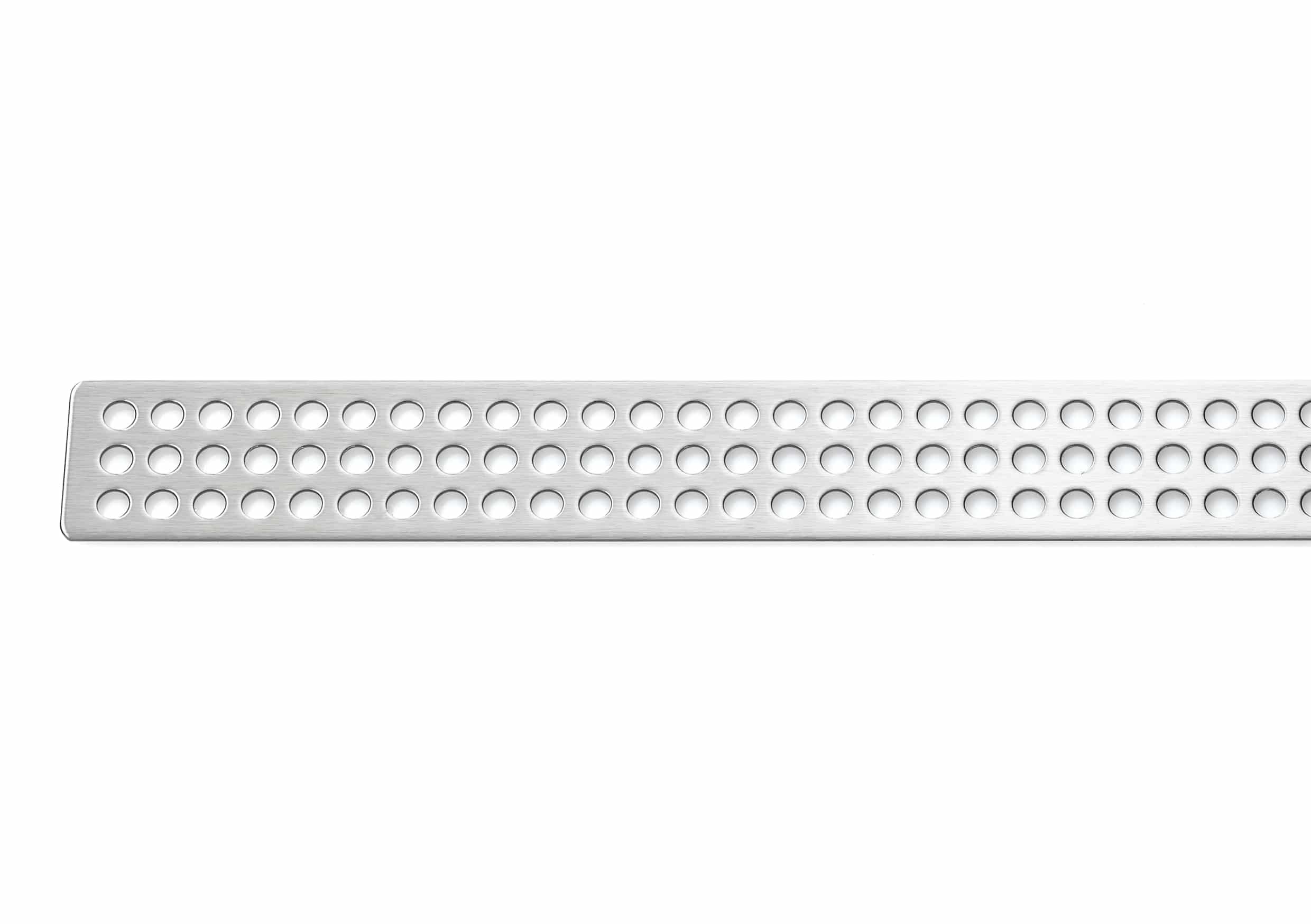 Long stainless steel strip with evenly spaced circular holes along its length.