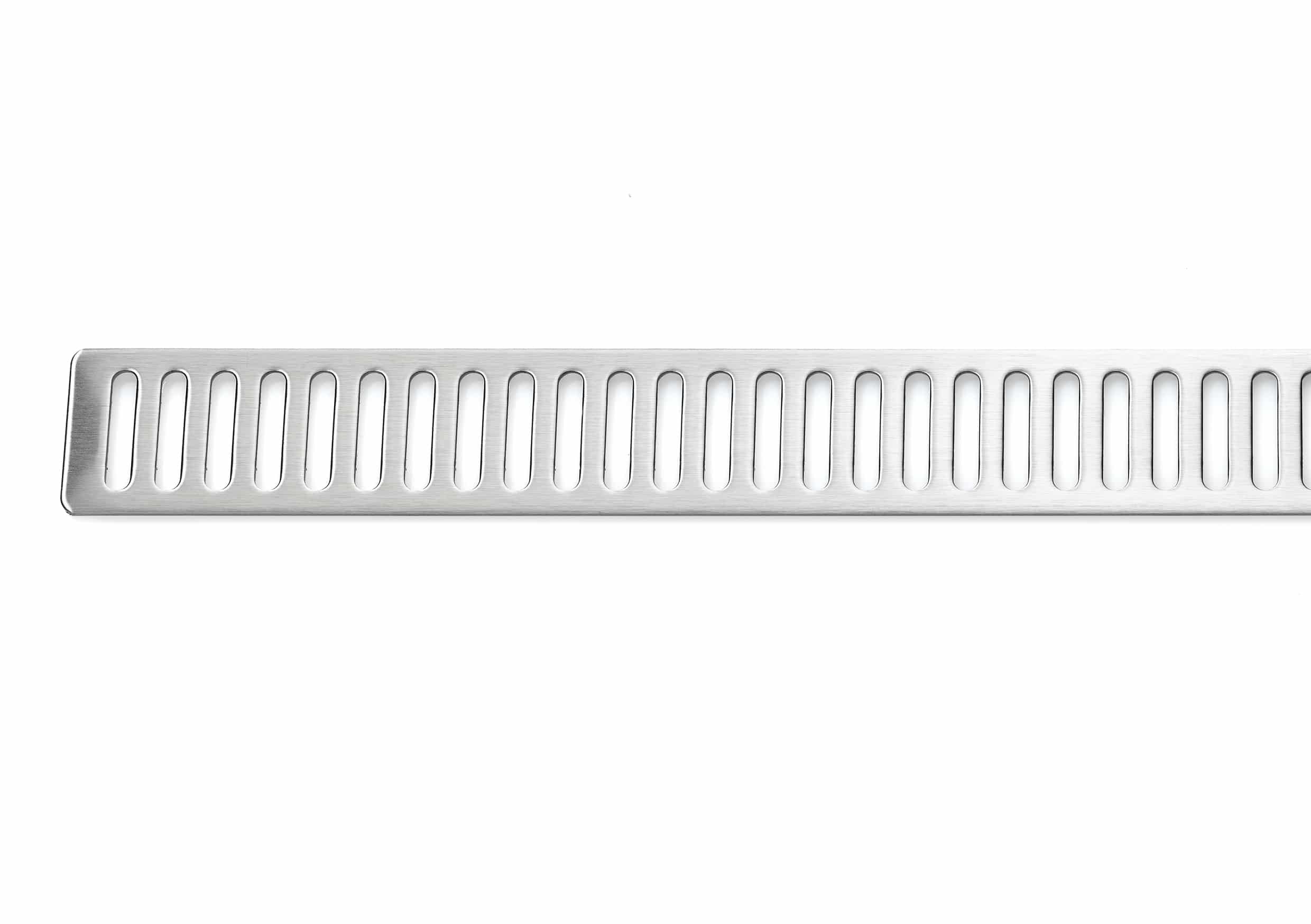 Close-up of a brushed stainless steel strip with evenly spaced oval slots, like a comb-like blade