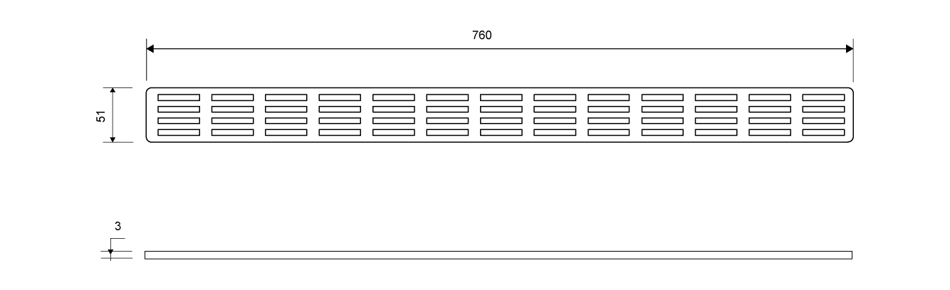 Engineering drawing of a long rectangular vent grille with rounded corners, 760 mm long and 51 mm high, featuring evenly spaced horizontal slots.