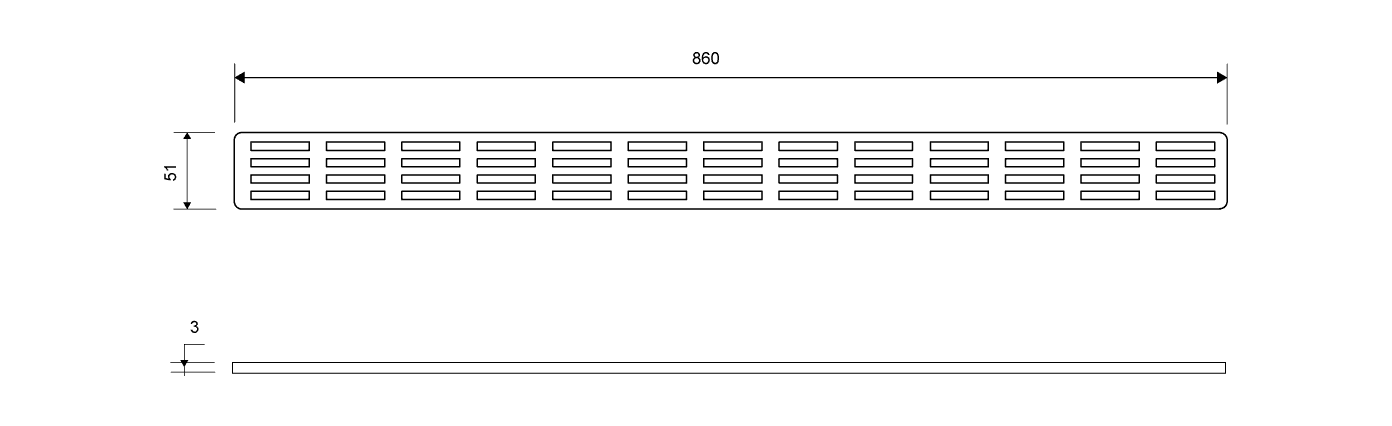 Technical drawing of a long rectangular vent grille with evenly spaced horizontal slots, 860 mm long and 51 mm high. Includes a separate thin mounting bar shown below, about 3 mm thick.