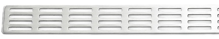 Metal vent grille with evenly spaced horizontal slats for air flow.