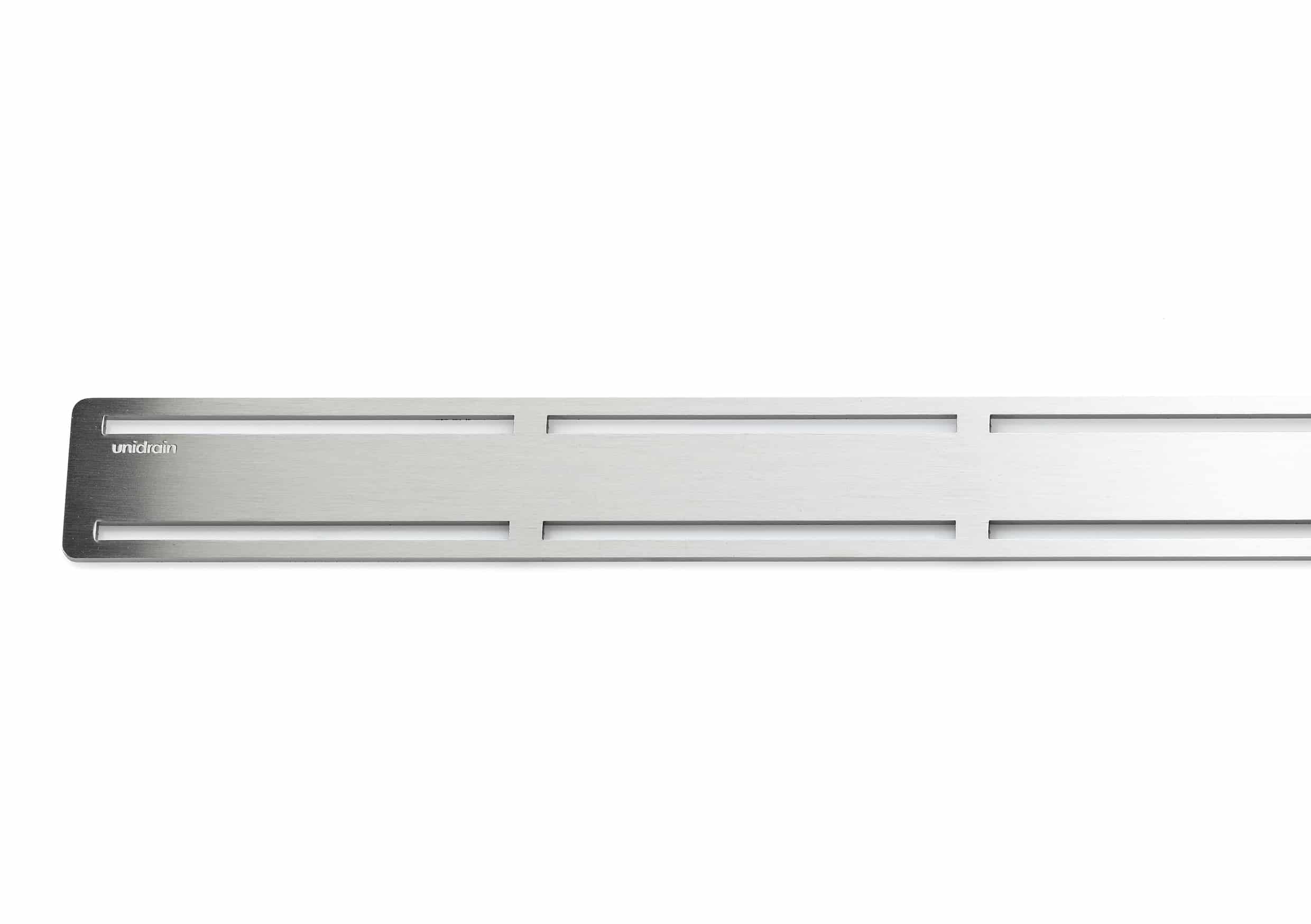 Brushed stainless steel floor drain cover with three long rectangular slots.