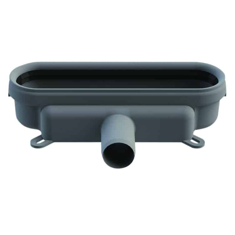 Oval automotive air intake housing with a central round nozzle and side mounting tabs, gray plastic moldings.