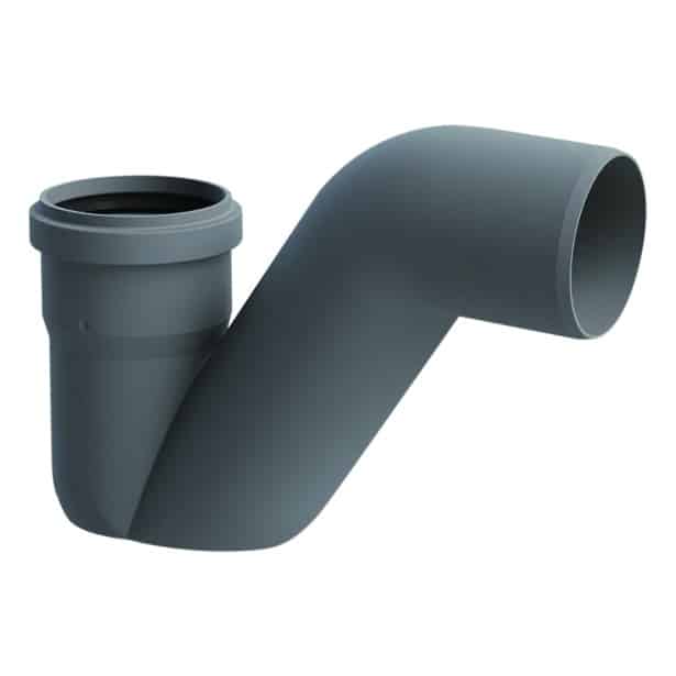 Gray PVC plumbing trap with a 90-degree elbow on a white background.