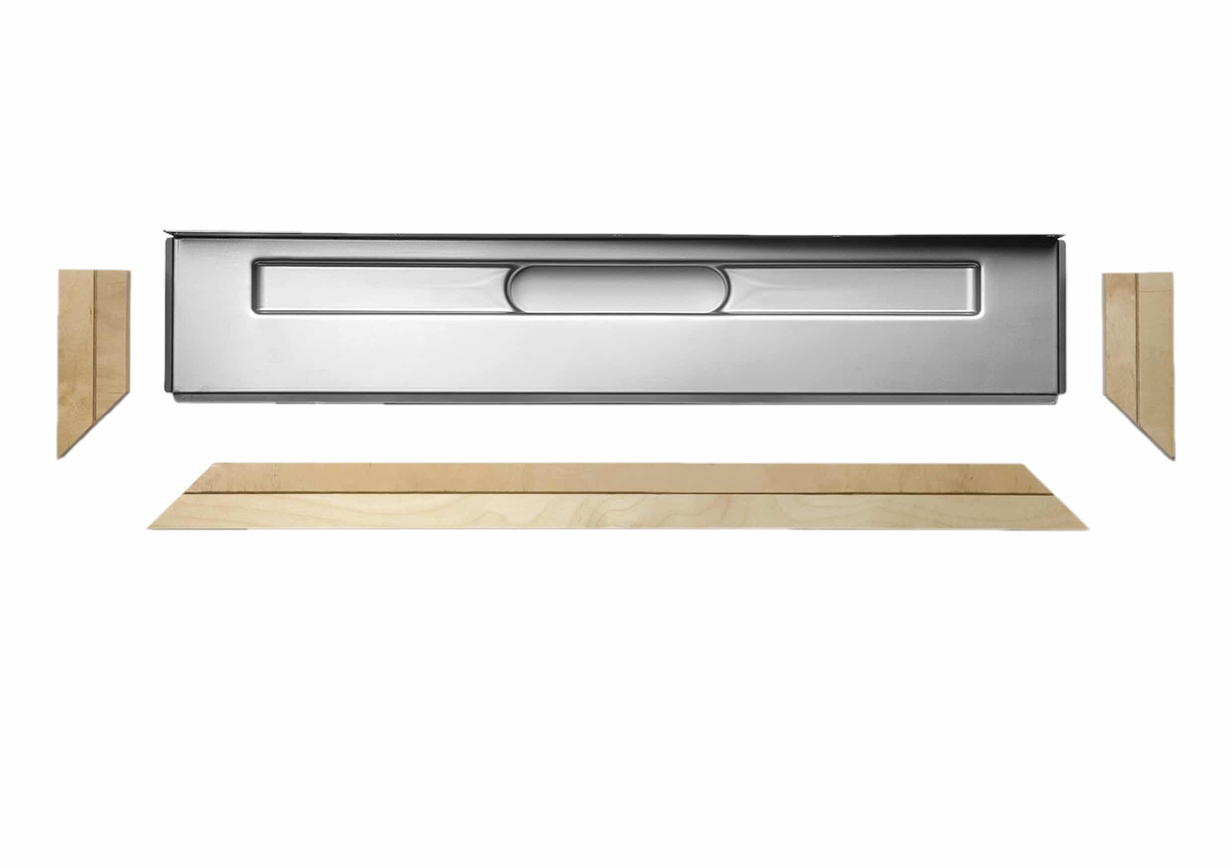 Metal drawer slide with wooden spacers on a white background, showing a furniture hardware setup.