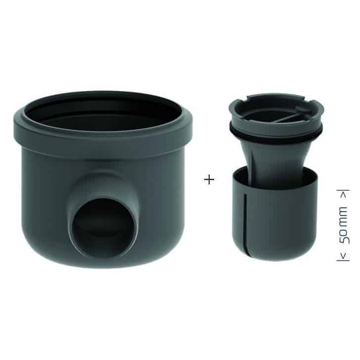 Grey plastic plumbing trap and matching connector components for a 50 mm drain, shown side by side.