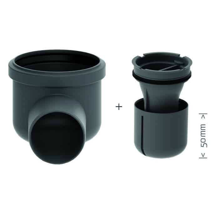 Grey plastic plumbing trap and matching connector shown separately with a plus sign, indicating they fit together; 50 mm dimension.