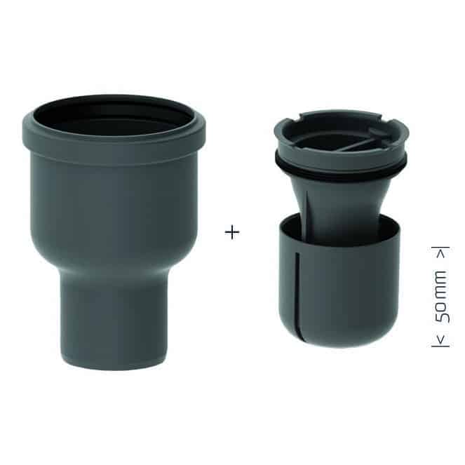 Two gray plastic plumbing fittings for a 50 mm pipe, shown side by side with a plus sign between them.