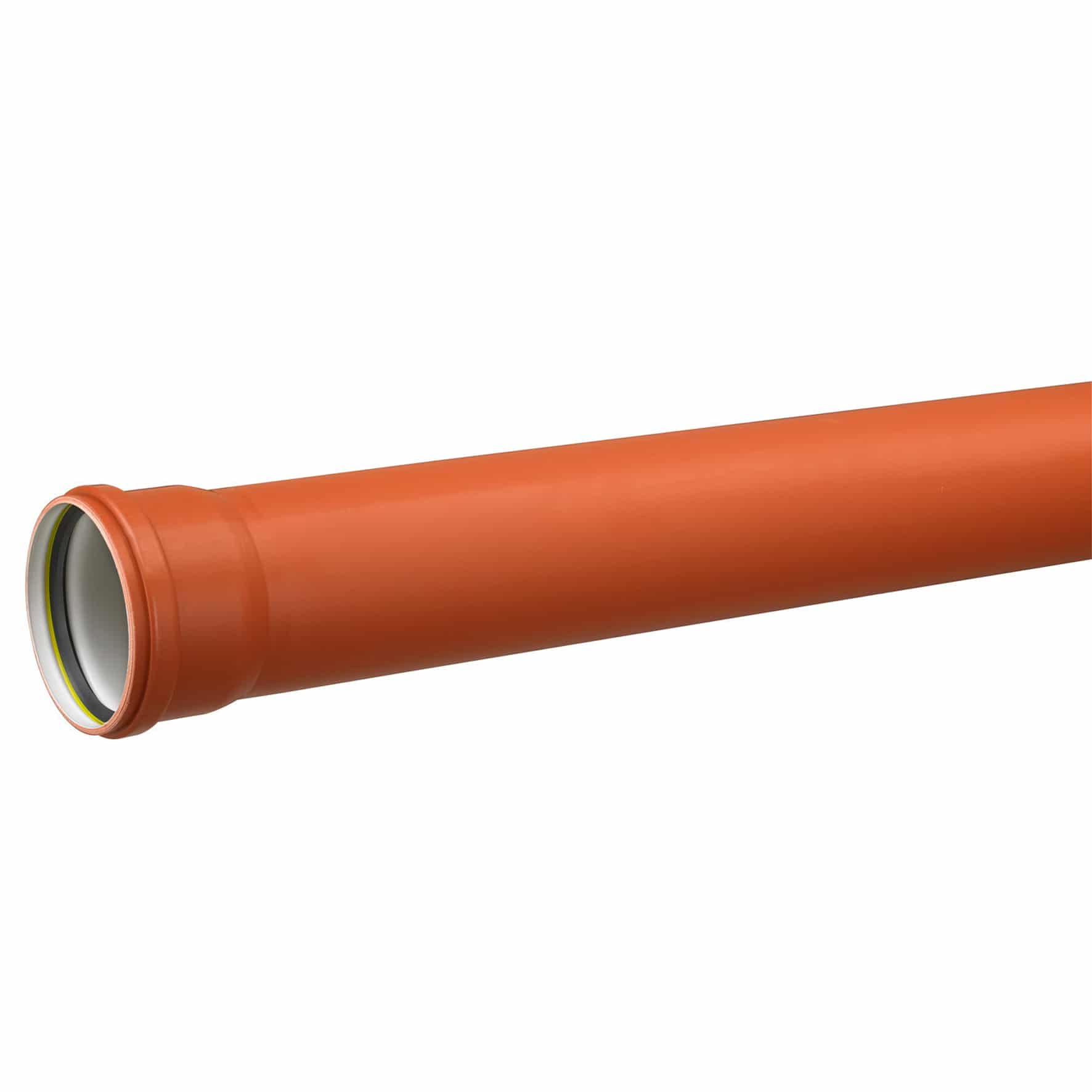 Close-up of a bright orange PVC pipe cut at an angle, showing its white inner wall and circular cross-section.