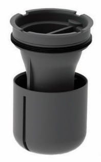 Dark gray plastic travel mug lid with inner insert, viewed from the side (spill‑proof lid).
