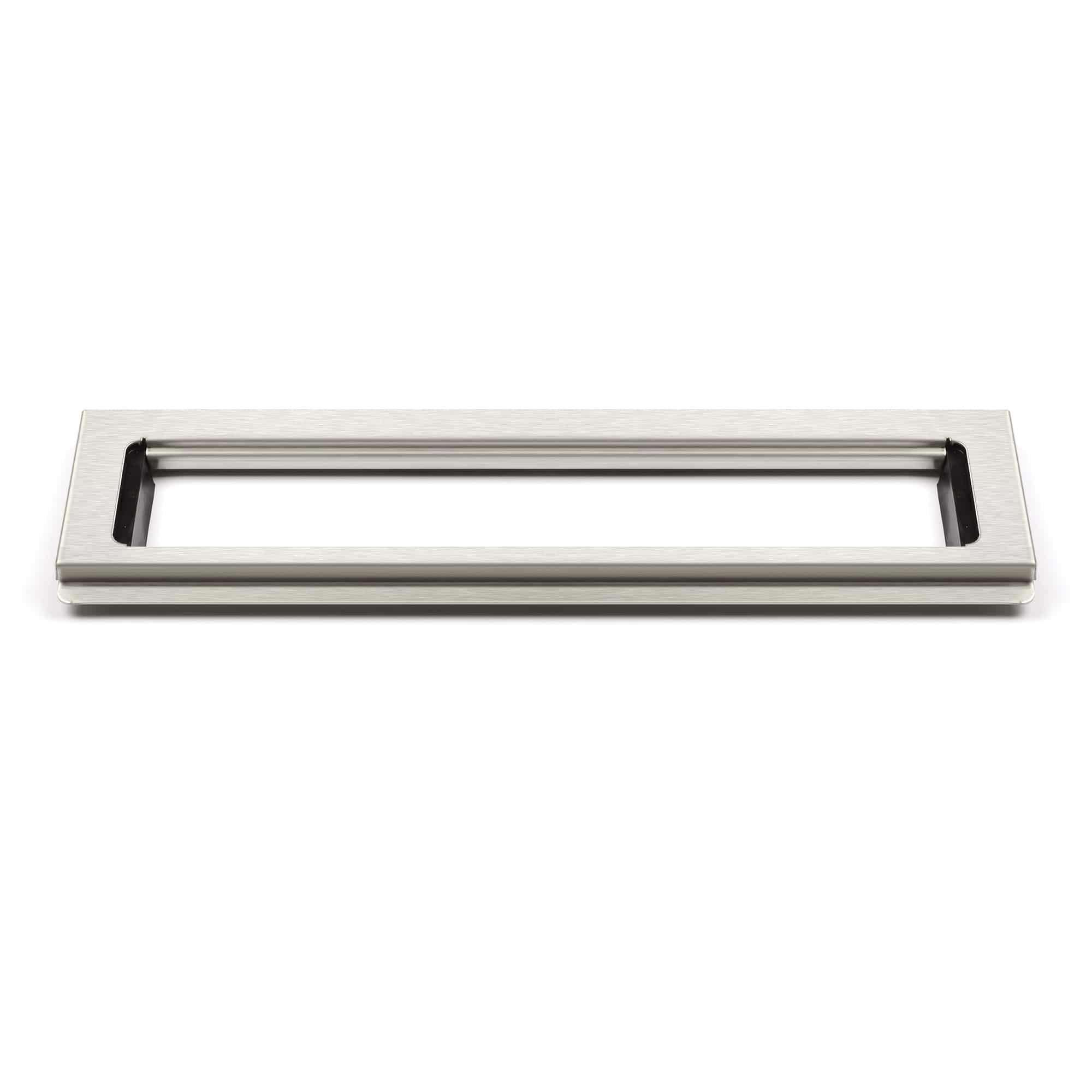 Close-up of a brushed stainless steel rectangular frame with a central slot and dark inner rails.