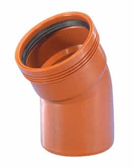 Orange PVC 45-degree elbow pipe fitting with black gasket, used in plumbing/drainage surface.