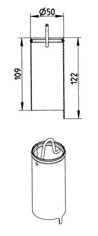 Technical drawing of a cylindrical trash can with a hinged lid and handle; top view shows a Ø50 mounting hole with a bracket and dimensions 109 and 122.