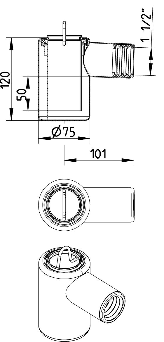 Engineering drawing of a cylindrical filter housing with side outlet and top cap, showing cross‑section and isometric views with dimensions (101 mm length, 75 mm diameter, 1/2" thread).