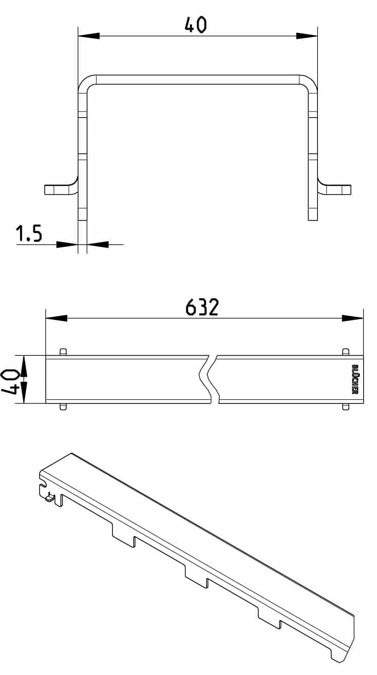 Technical drawing of a long rectangular mounting rail/bracket with flared ends and side hooks; overall length 632 mm, height 47 mm, width 40 mm.