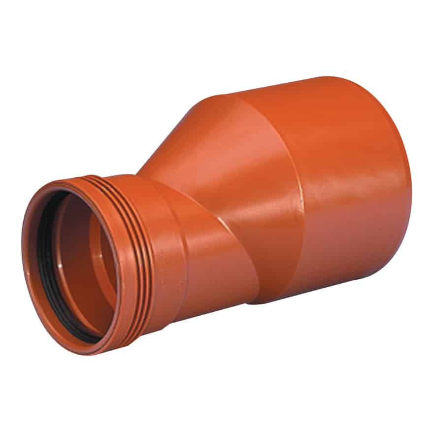 Orange PVC pipe reducer fitting with a threaded end and gasket for irrigation/plumbing