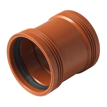 Orange PVC pipe coupling with rubber gasket, angled view.