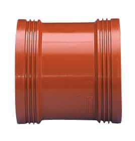 Red PVC pipe coupling fitting with ridged ends, used to join two sections of pipe