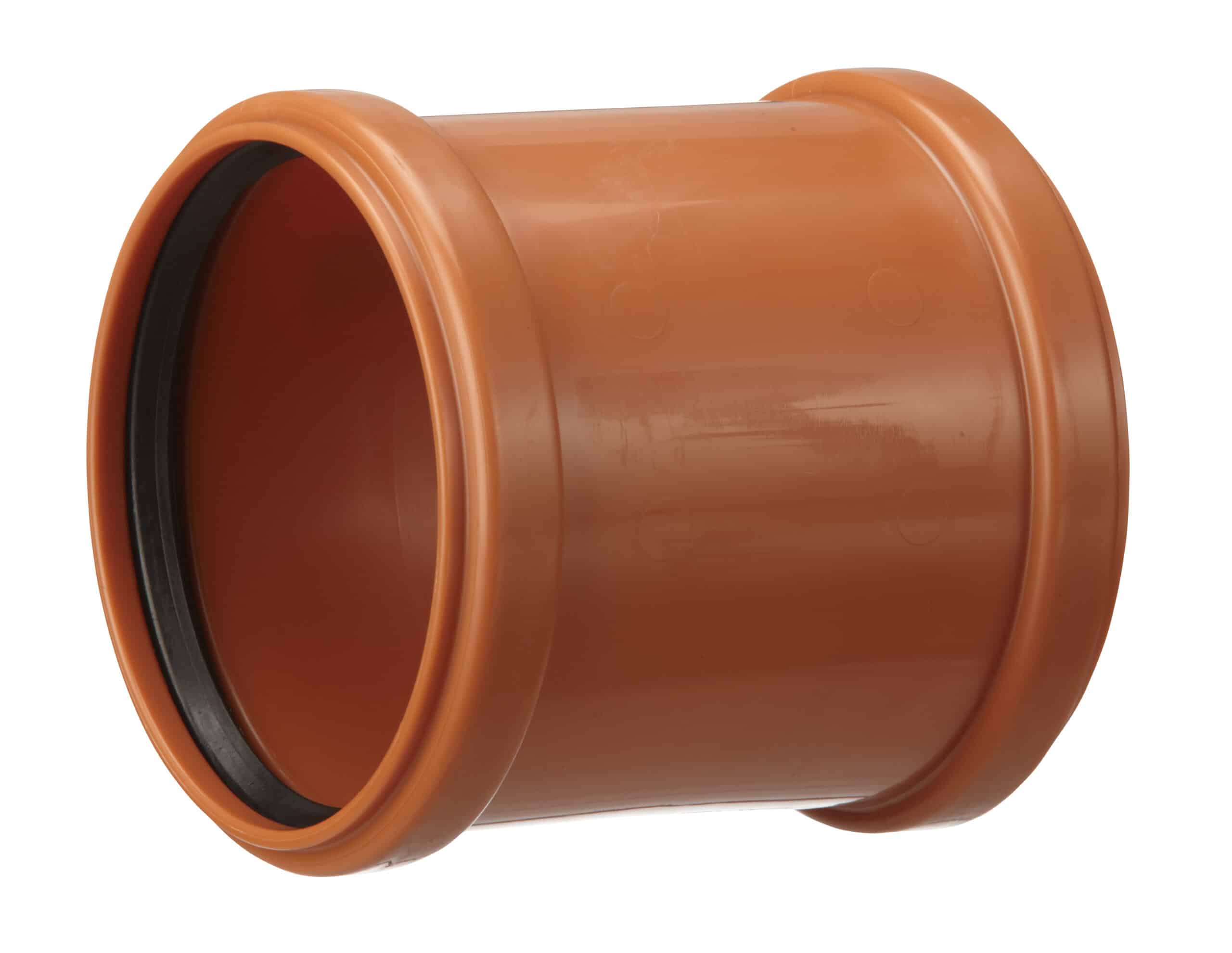 Close-up of an orange PVC pipe elbow with a black rubber gasket visible in the joint.
