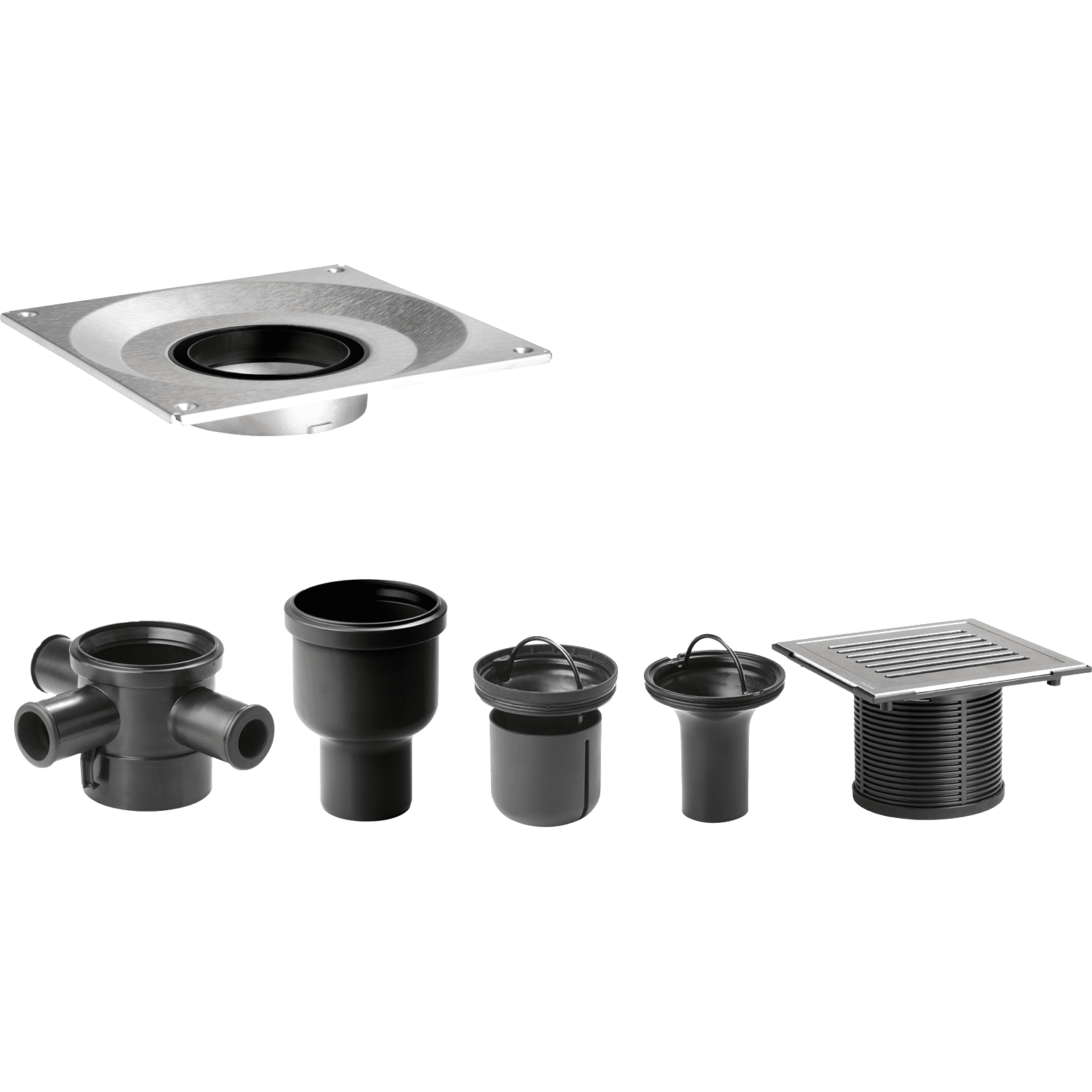 Collection of plumbing drain components: square metal flange with circular opening plus assorted black plastic fittings and a grate on a white background