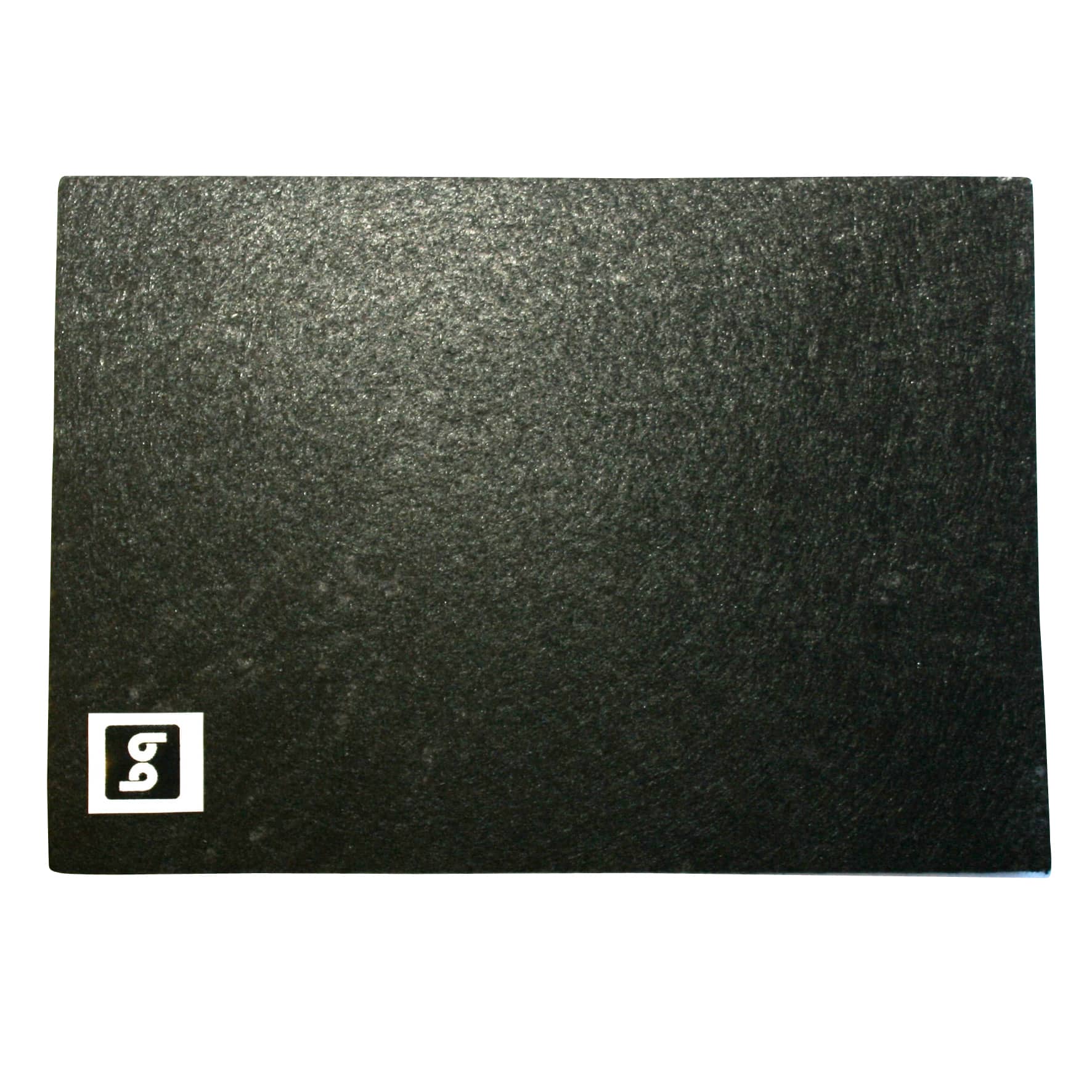 Close-up of a dark, textured surface with a small white square logo containing a stylized letter in the bottom-left corner.