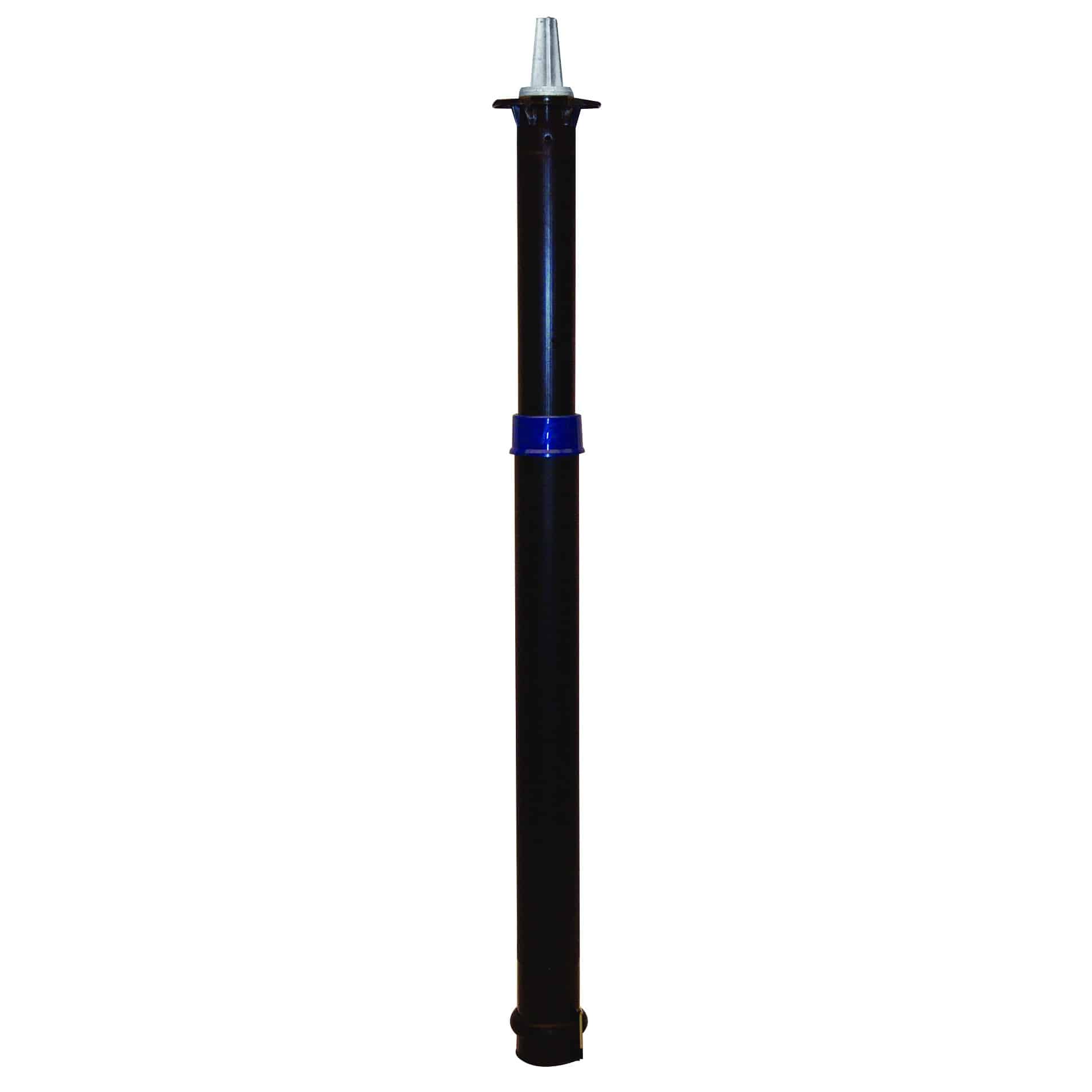Vertical close-up of a black pen with a metal nib at the top and a blue band near the bottom against a white background.
