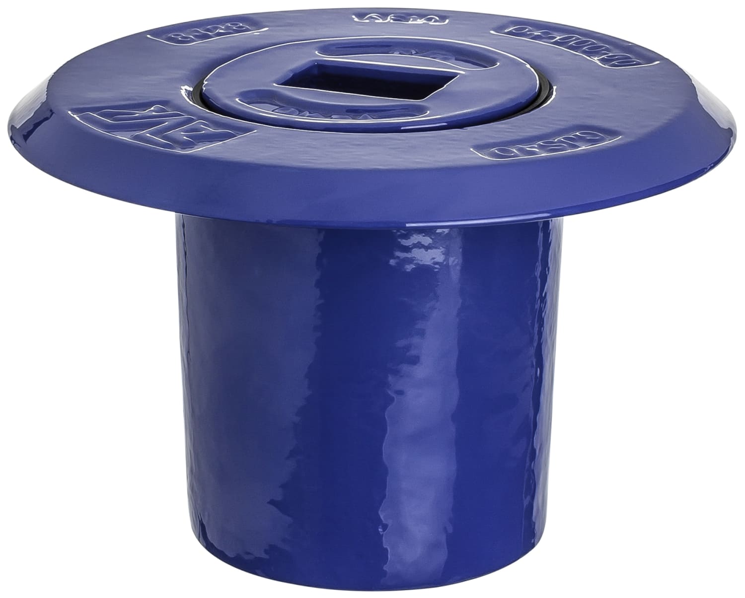 Blue cylindrical trash can with a round blue lid that has a square slot in the center for depositing waste or items