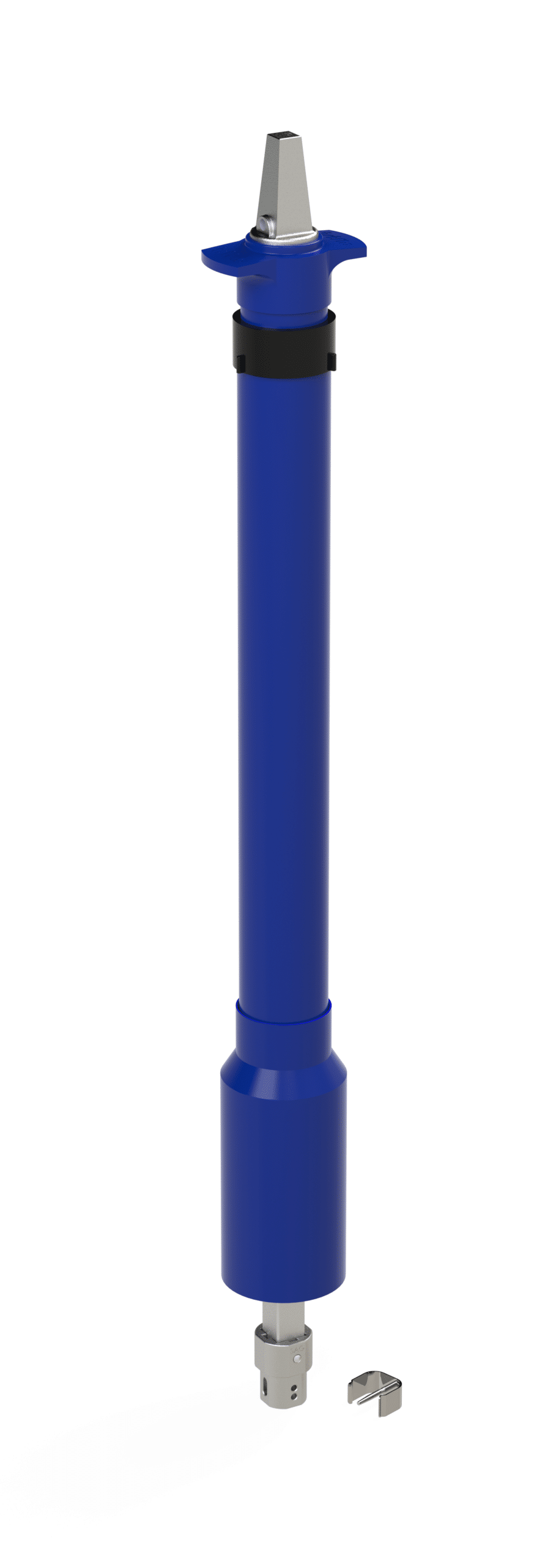 Vertical blue hydraulic/pneumatic actuator with a square metal tip and black clamping collar, shown in an assembled, tool-like configuration.