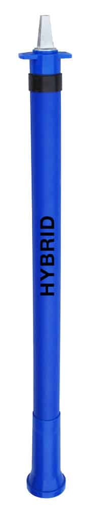 Blue cylindrical tool with a metal conical nozzle at the top, black grip band around the middle, and a flared blue base, labeled HYBRID and photographed upright.