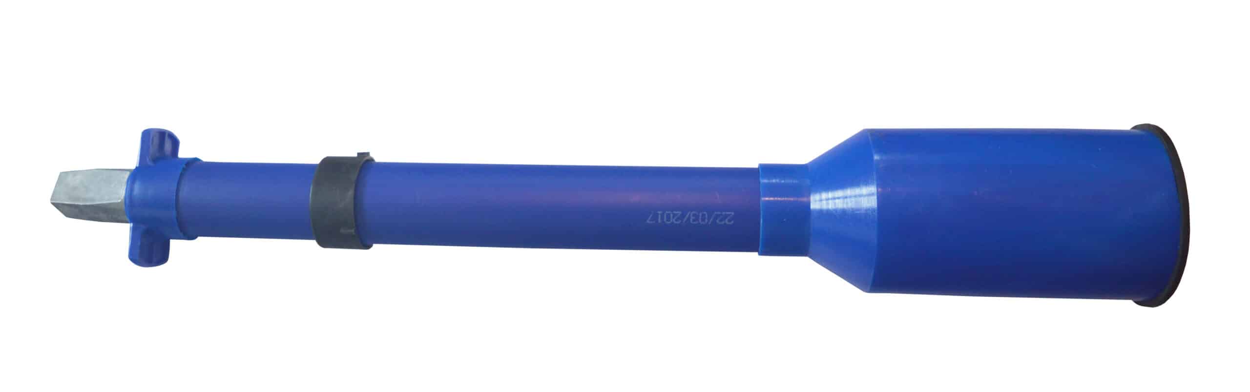 Blue handheld tool with a metal chisel-like tip on the left and a large blue end cap at the right, against a white background.