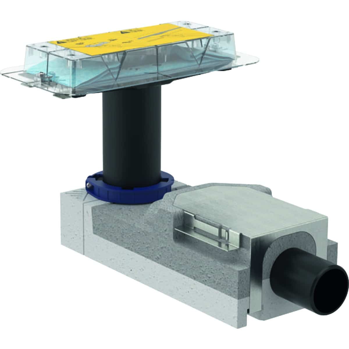 Industrial valve actuator mounted on a concrete base with a transparent cover and black outlet pipe, for reference.