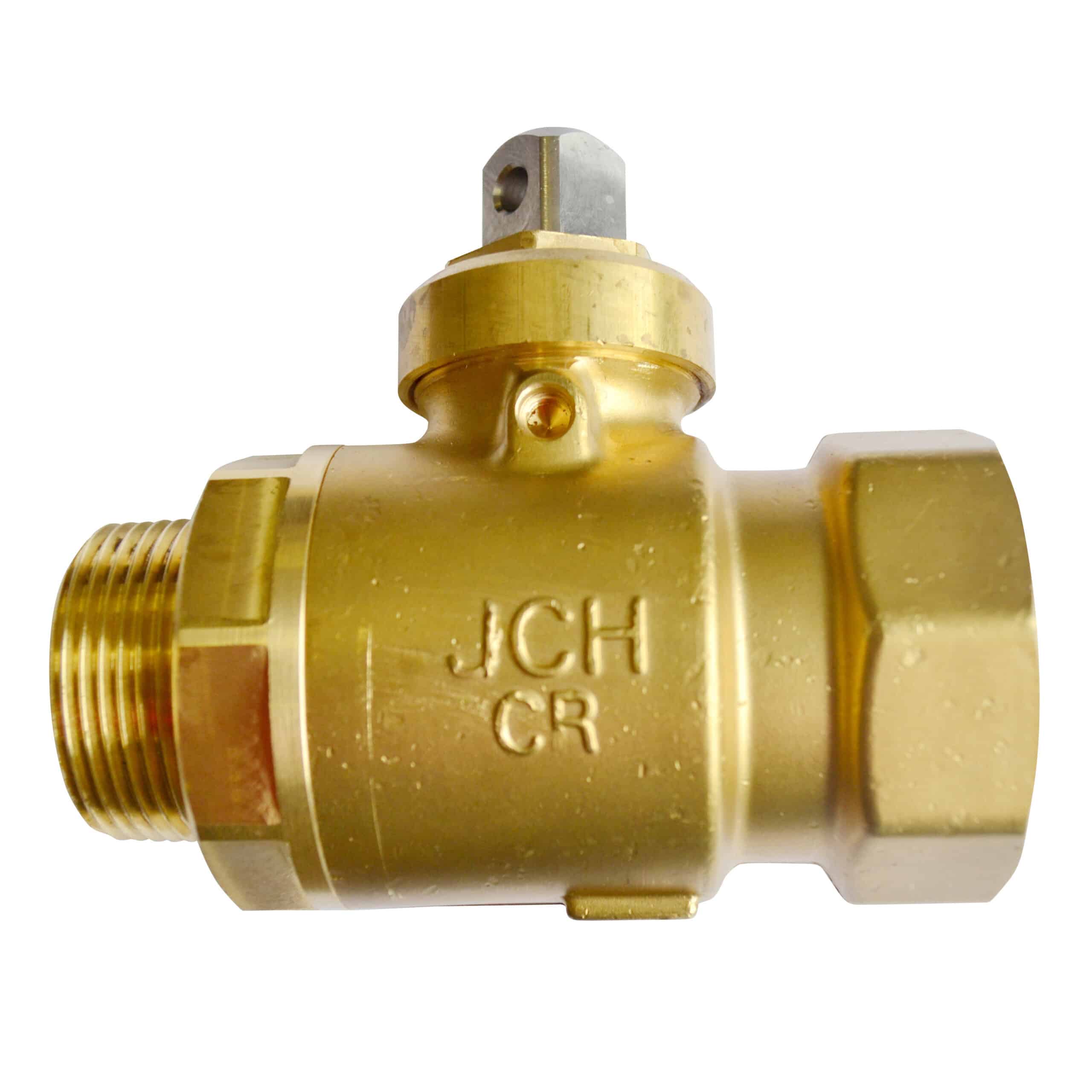 Close-up of a brass plumbing valve fitting with a threaded inlet on the left and a hexagonal head on top, showing metallic finish and small screw details.