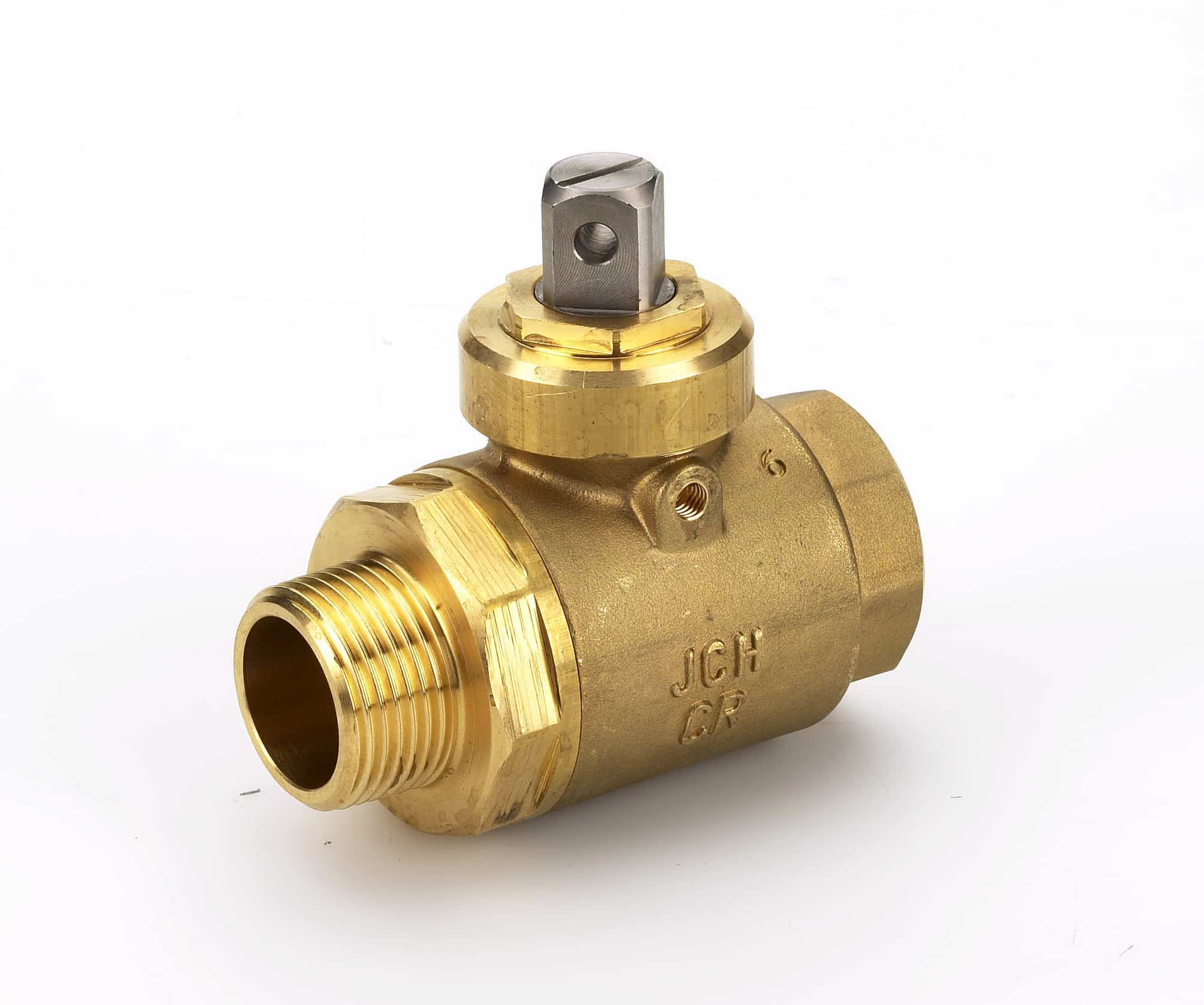 Brass valve fitting with a square gray stem on top, hex collar, and threaded inlet/outlet connections in a close-up shot.