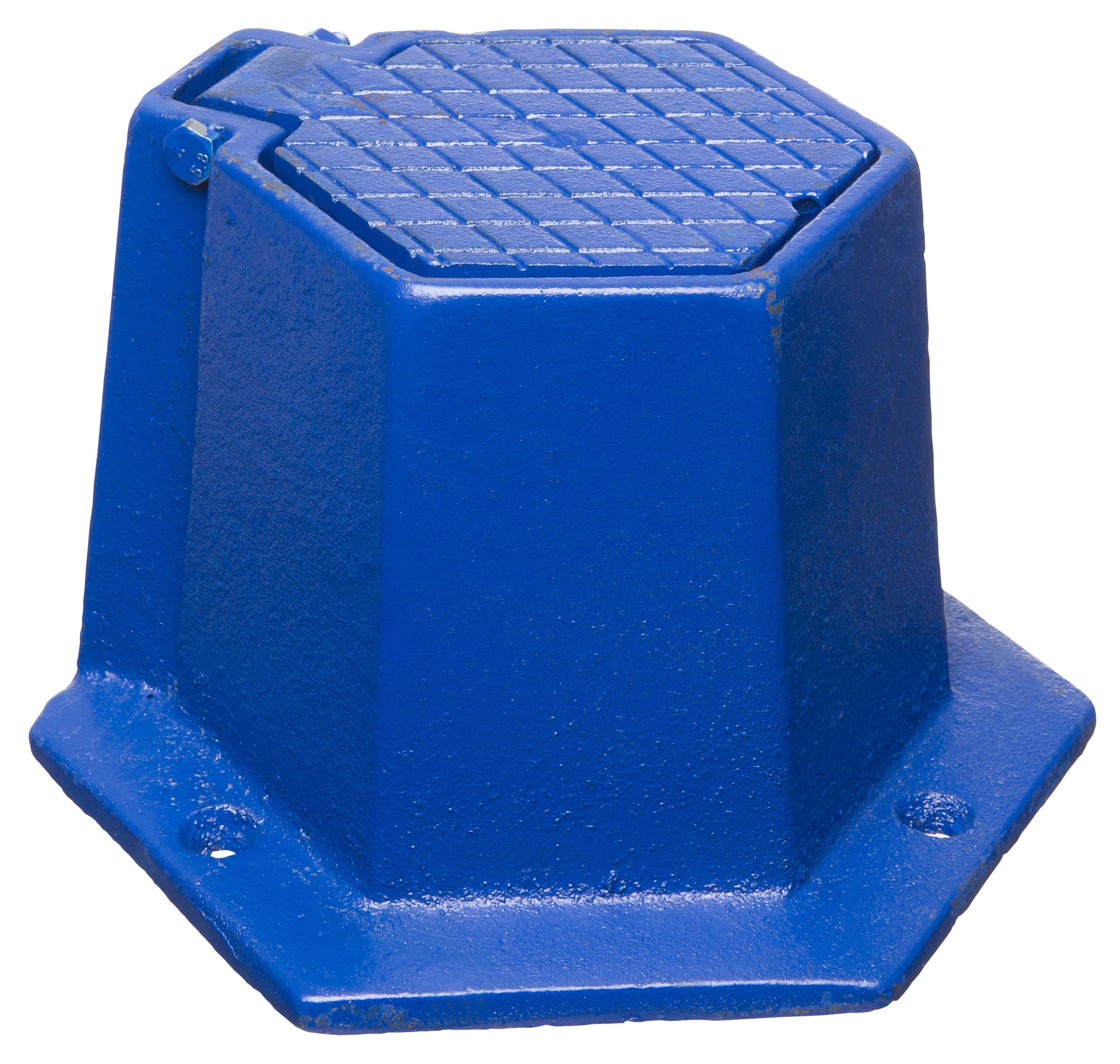 Close-up of a blue bollard with a textured, grid-pattern cap seen from the side.