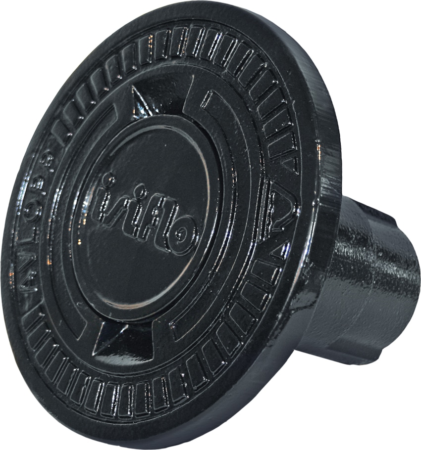 Black circular plastic cap/knob with a ridged outer edge and a short stem seen from an angle.