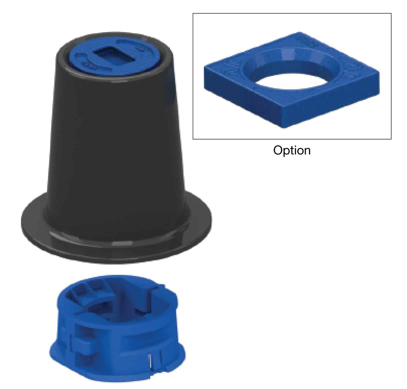Black cylindrical component with a blue removable cap; inset shows a blue square ring with circular opening labeled 'Option', plus a blue connector piece below.