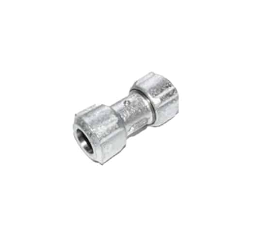 Metal compression coupling connecting two pipe ends, with hex nut sections on both sides (shiny silver replacement fitting).