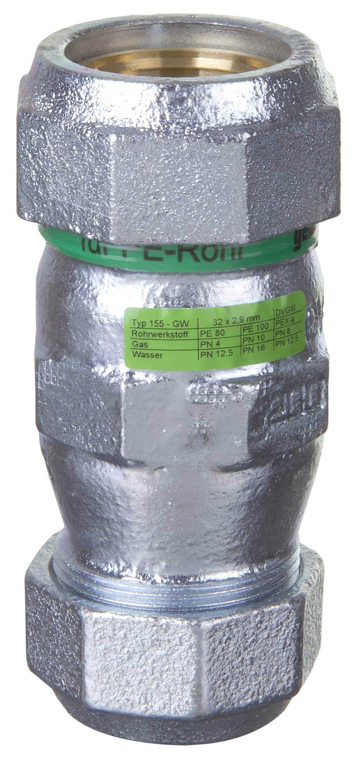 Metal plumbing valve/coupling with a green identification band visible, close-up of threaded ends and textured silver surface.
