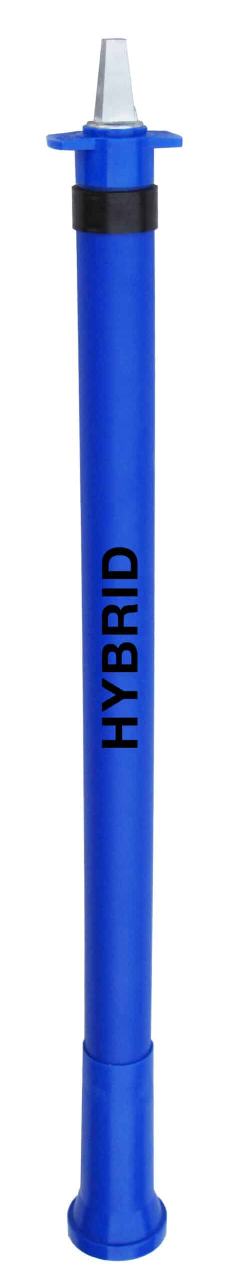 Blue HYBRID hydraulic piston rod with conical metal tip and black seal ring.