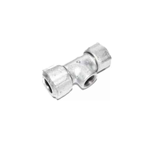 Metal T-shaped pipe fitting with three female threaded ports for plumbing connections