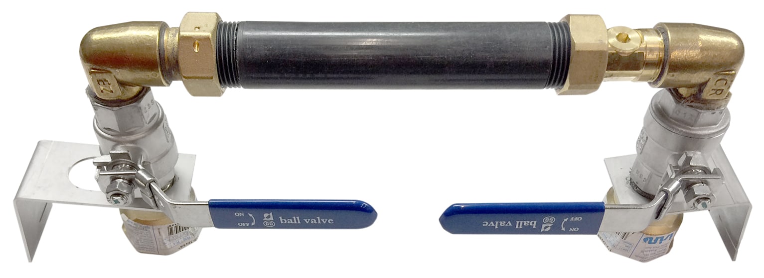 Industrial pipe assembly with two blue-handled ball valves facing outward and a black pipe between brass fittings.