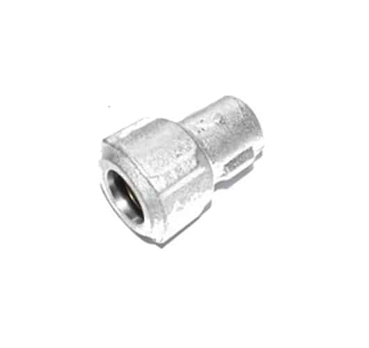 Metal coupling nut with two threaded ends for joining threaded rods (silver, hexagonal body).