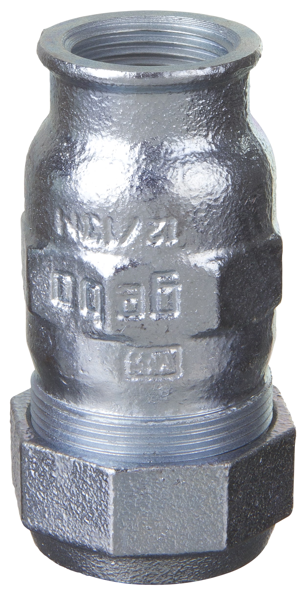 Close-up of a metal pipe fitting with threaded ends and a hexagonal midsection, embossed markings visible