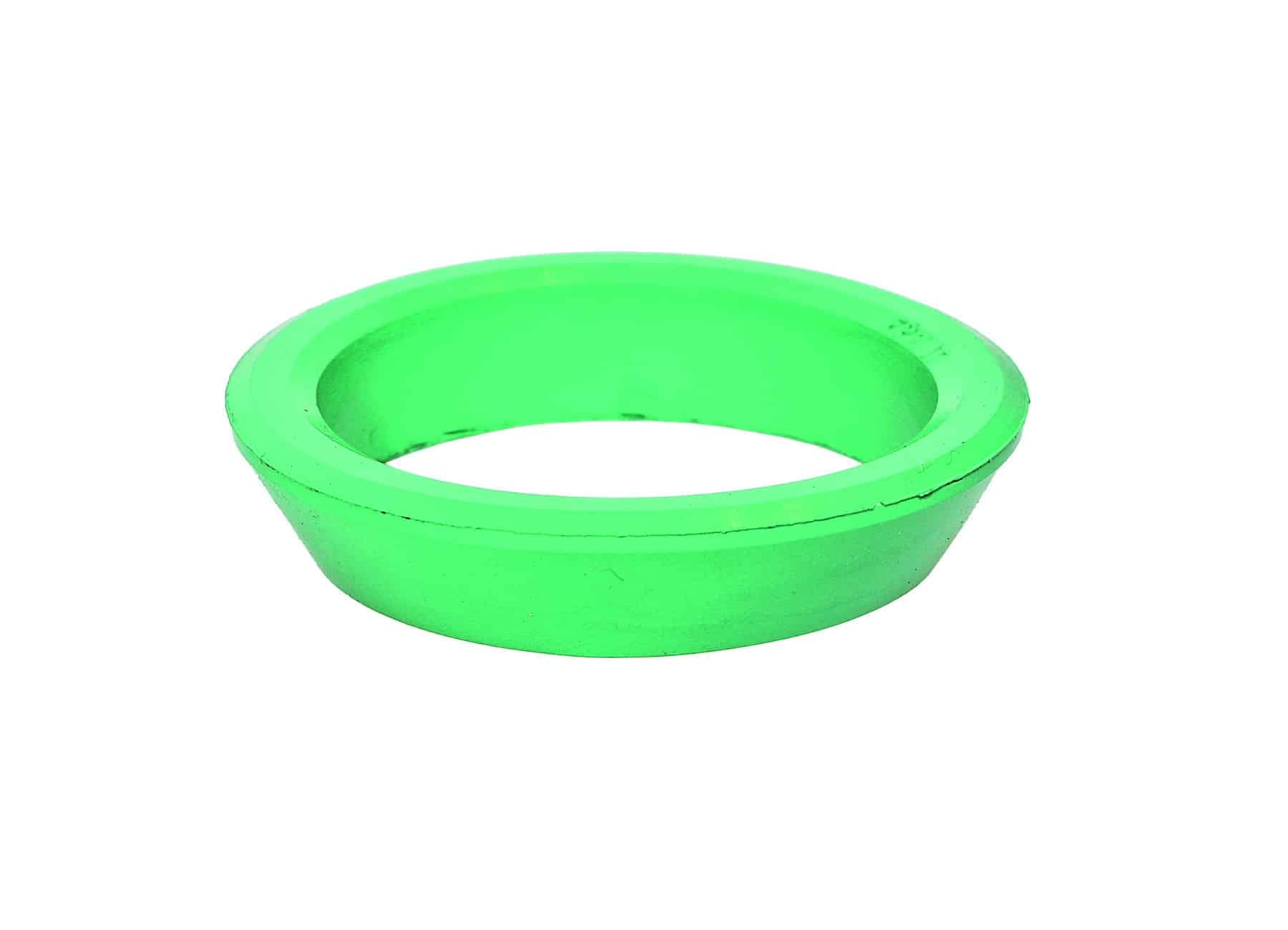 Bright lime-green circular silicone ring with a hollow center, viewed from the side (donut-shaped object)
