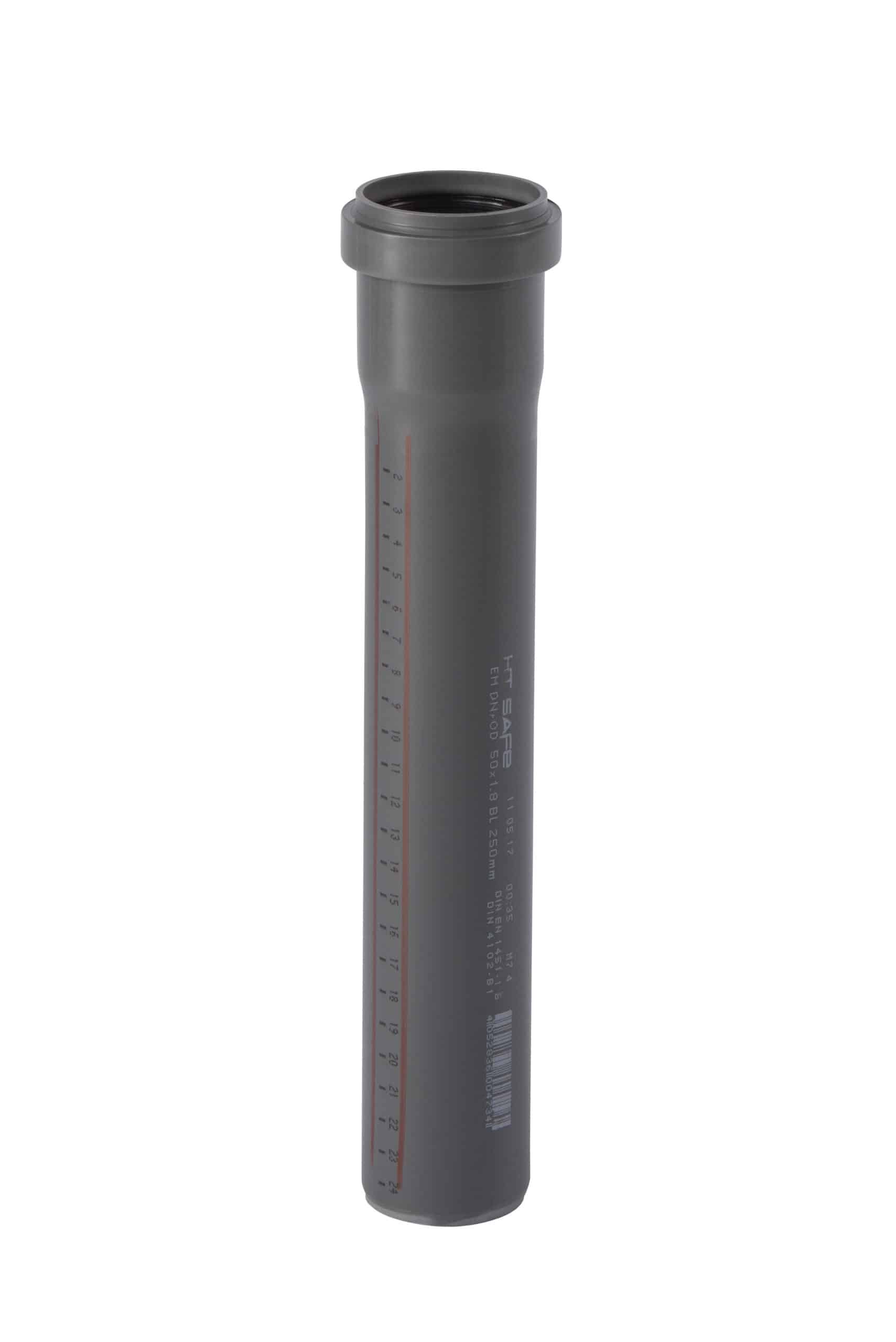Vertical gray cylindrical pipe with a threaded top opening and measurement markings along the side