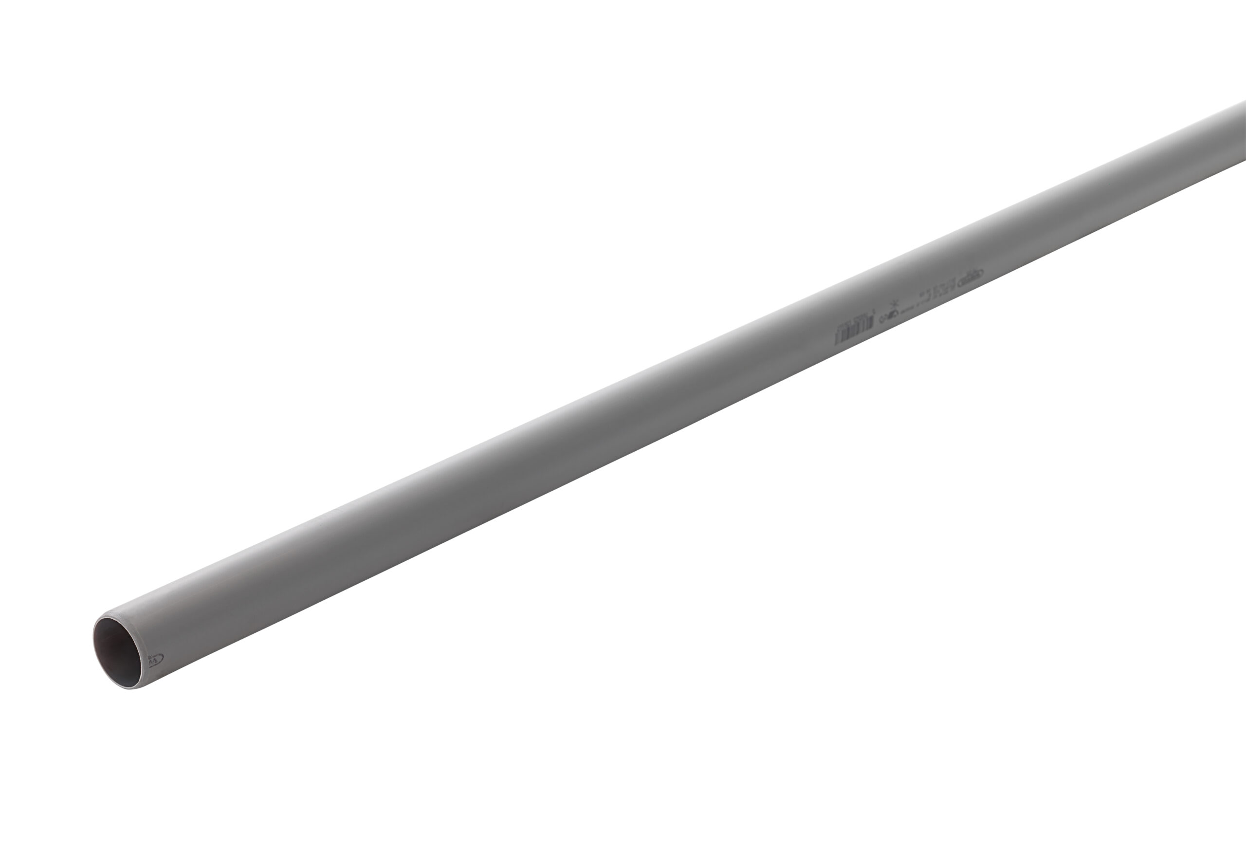 Gray PVC pipe diagonally across a white background.