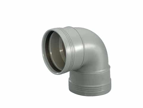 Gray metal 90-degree elbow pipe fitting with a threaded opening